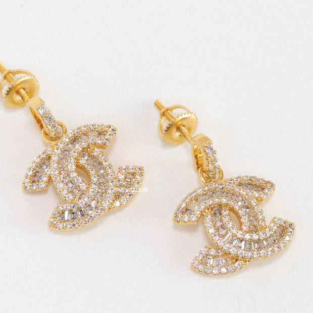 Gold plated cz dangle earrings with twin C motif