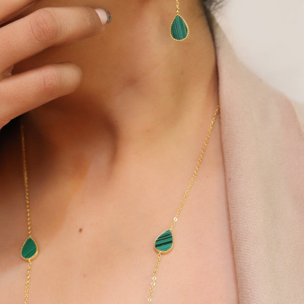Gold plated long chain malachite stone necklace
