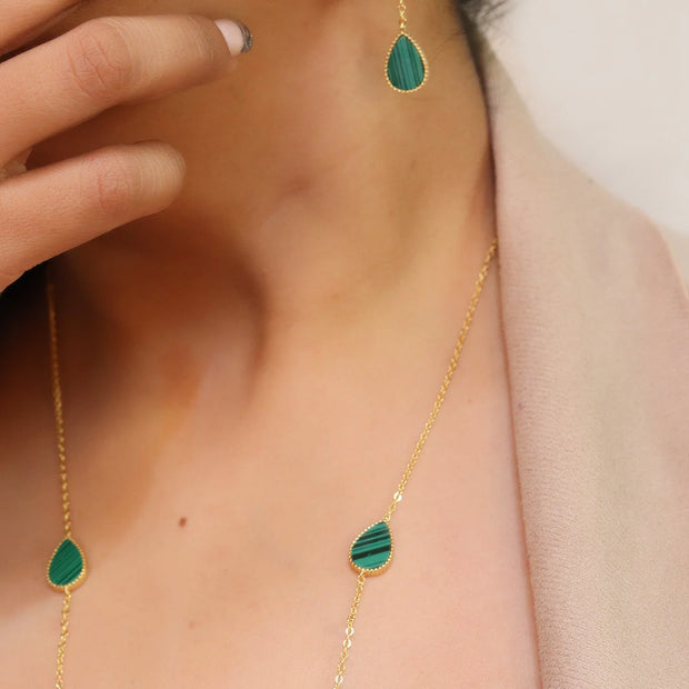 Gold plated long chain malachite stone necklace