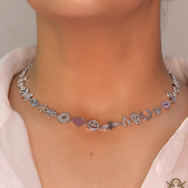 Platinum plated choker style cz lucky charm necklace