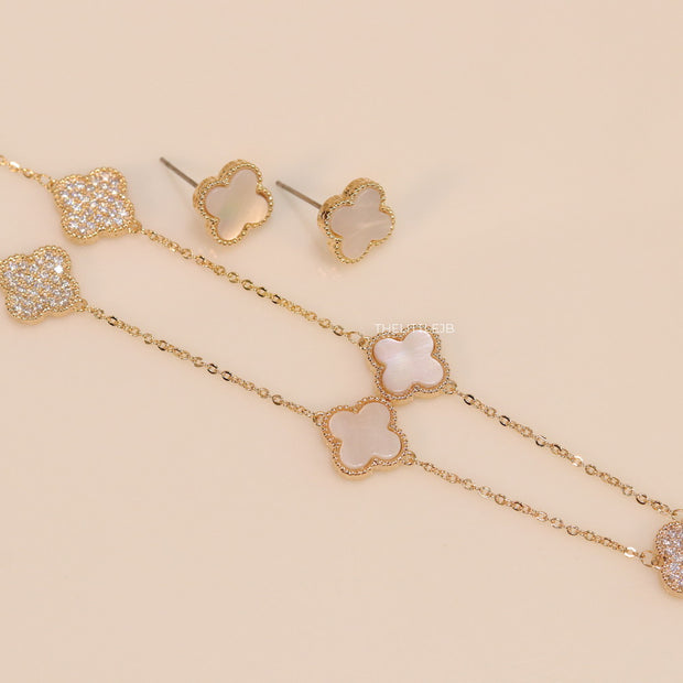Gold plated necklace set with cz and mother of pearl clovers