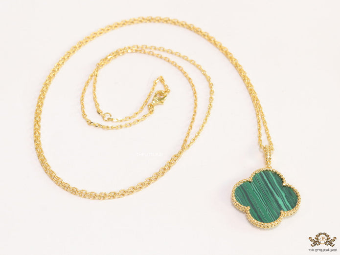 Malachite green clover pendant in gold plated chain