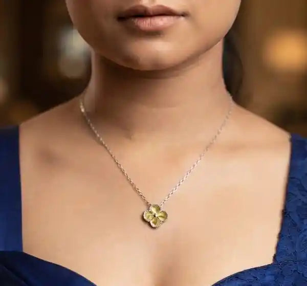 Platinum Plated and Gold Textured Clover Pendant Necklace