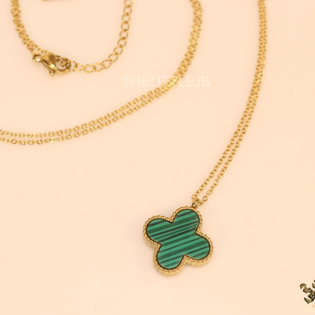 Gold plated chain with malachite stone clover pendant