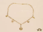 Gold plated link chain necklace with charms- snake, star fish, saturn, snail shell, Sun n Moon