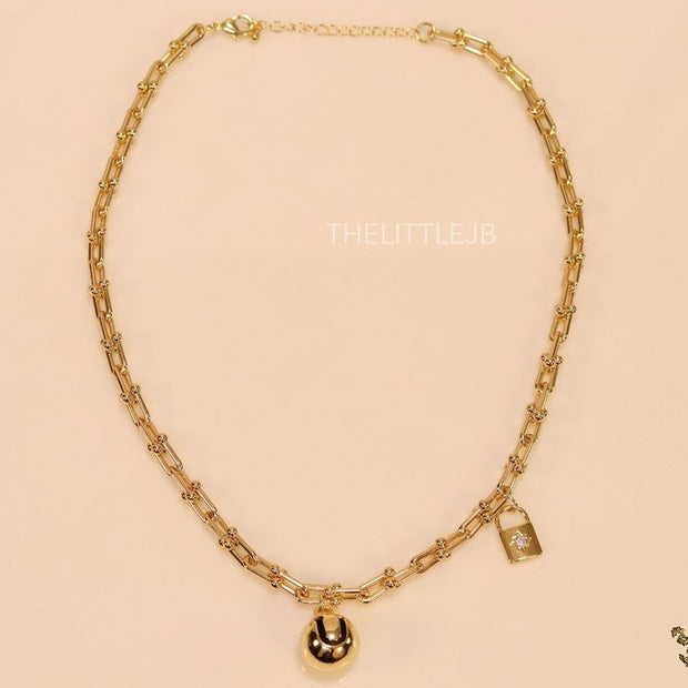 Gold plated padlock and chime necklace