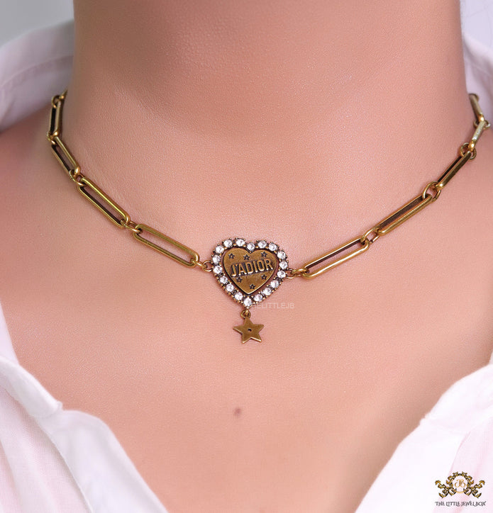 Gold plated link chain necklace with heart shaped alphabet pendant