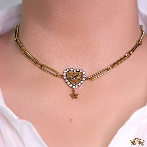 Gold plated link chain necklace with heart shaped alphabet pendant