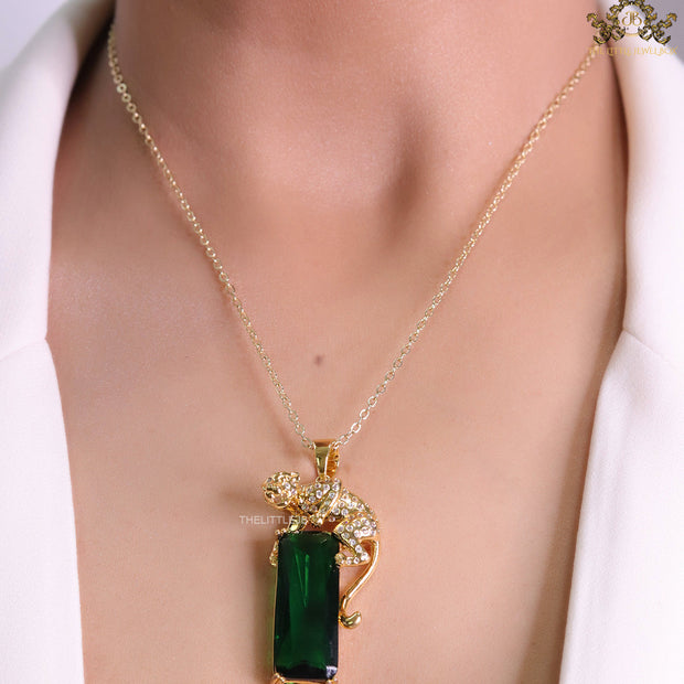 Gold plated leopard on green stone pendant necklace with cz