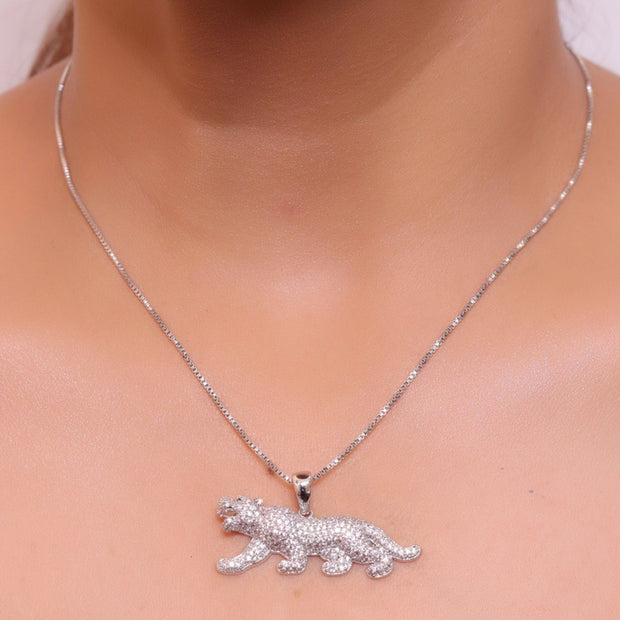 Platinum plated cubic zirconia panther pendant on sleek Platinum plated chain
