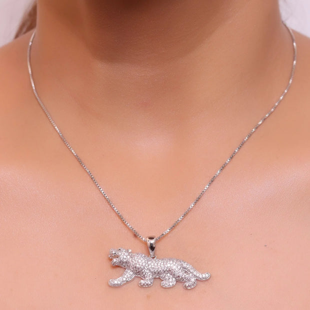 Platinum plated cubic zirconia panther pendant on sleek Platinum plated chain