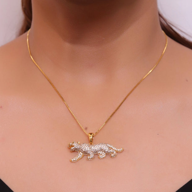 Gold plated cubic zirconia panther pendant on sleek gold plated chain