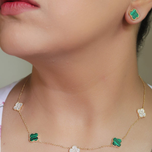 Gold plated necklace set with cz and malachite green clovers