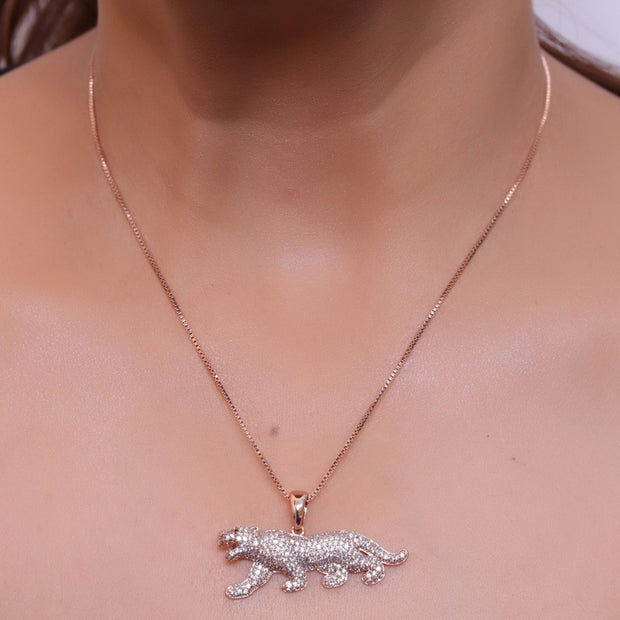 Rose Gold plated cubic zirconia panther pendant on sleek platinum plated chain