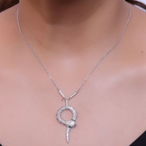 Sleek Platinum plated chain with Platinum plated cubic zirconia ancient serpentine symbol pendant