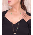 Emerald green clover heart and other shape charms on a sleek long gold plated chain with matching studs