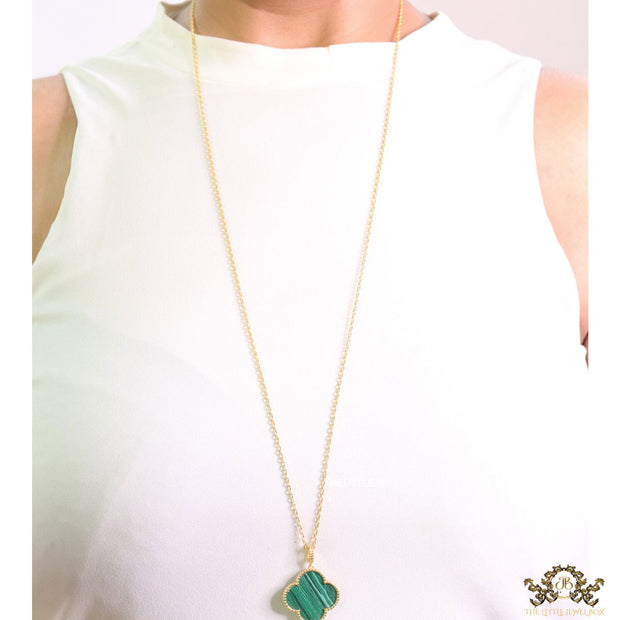 Malachite green clover pendant in gold plated chain