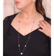 Multi colour clover heart and other shape charms on a sleek long gold plated chain with matching studs