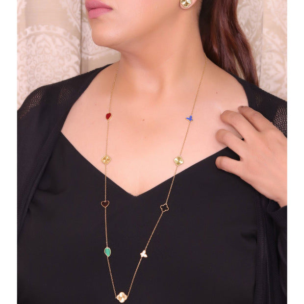 Multi colour clover heart and other shape charms on a sleek long gold plated chain with matching studs