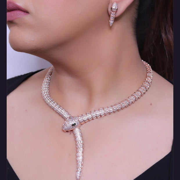 Rose Gold plated cubic zirconia stones ancient serpentine symbol necklace with matching studs