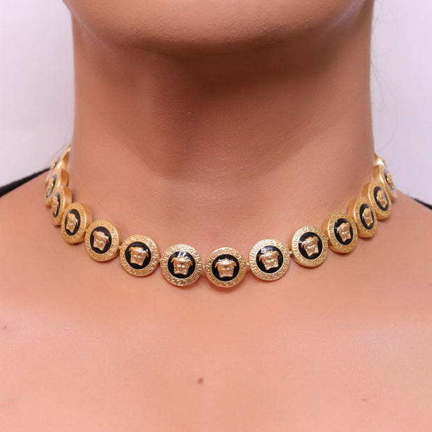 Gold plated Medusa motif on black circles necklace
