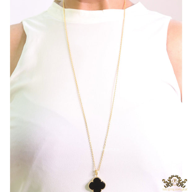 Black enamel clover pendant in gold plated chain