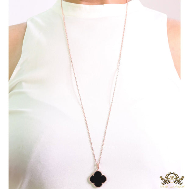 Black enamel clover pendant in rose gold plated chain