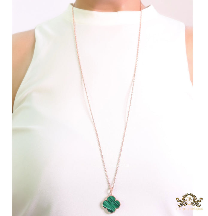 Malachite green clover pendant in rose gold plated chain