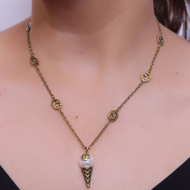 Antique gold plated alphabet motif chain with golden cone pendant