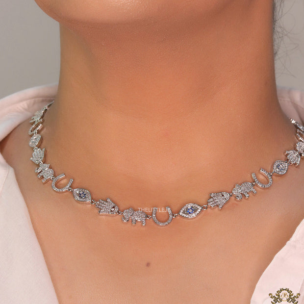 Choker style necklace with charms in platinum finish