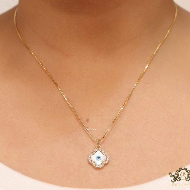 Clover shaped cz evil eye necklace in gold plating