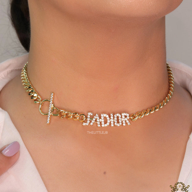 Chunky link chain necklace with cz alphabets