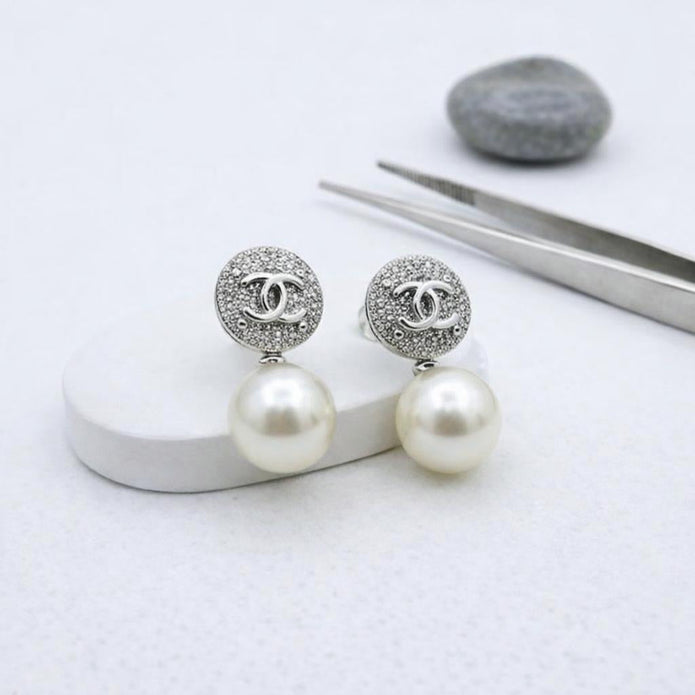 Double C Platinum Stud with CZ and Pearl Drop