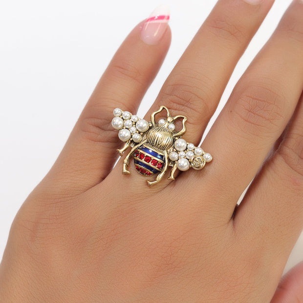 Double G open bee ring with coloured cz and pearls