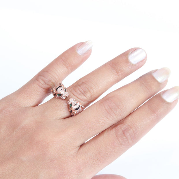 Tiger face rose gold & black ring