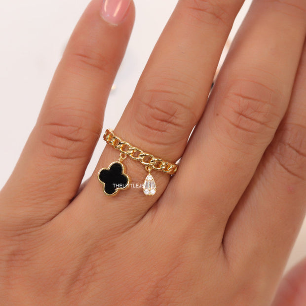 Gold plated link chain ring with black clover and cz drop