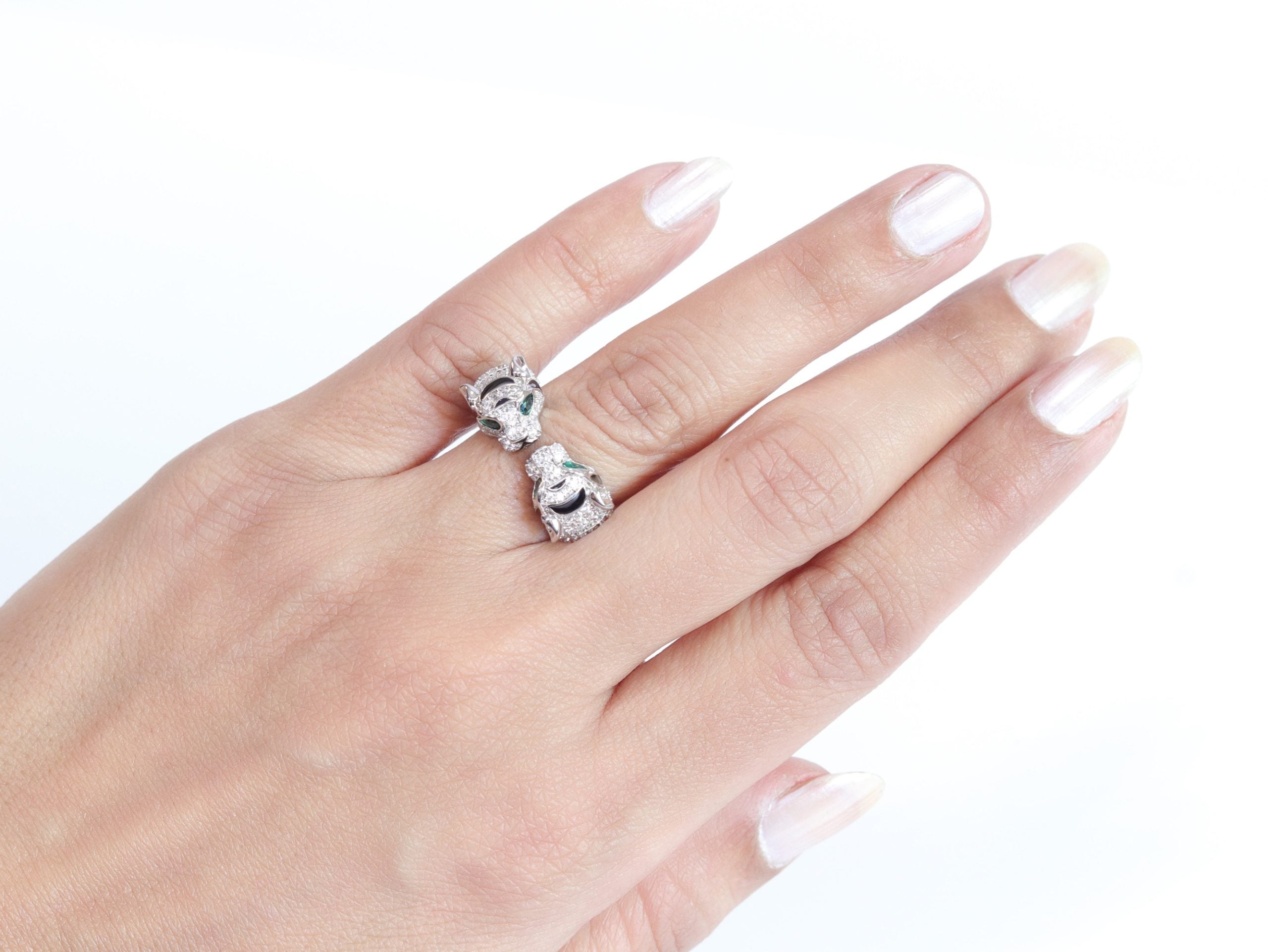 Tiger face platinum & black ring