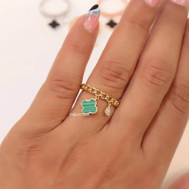 Gold plated link chain ring with malachite green clover and cz drop