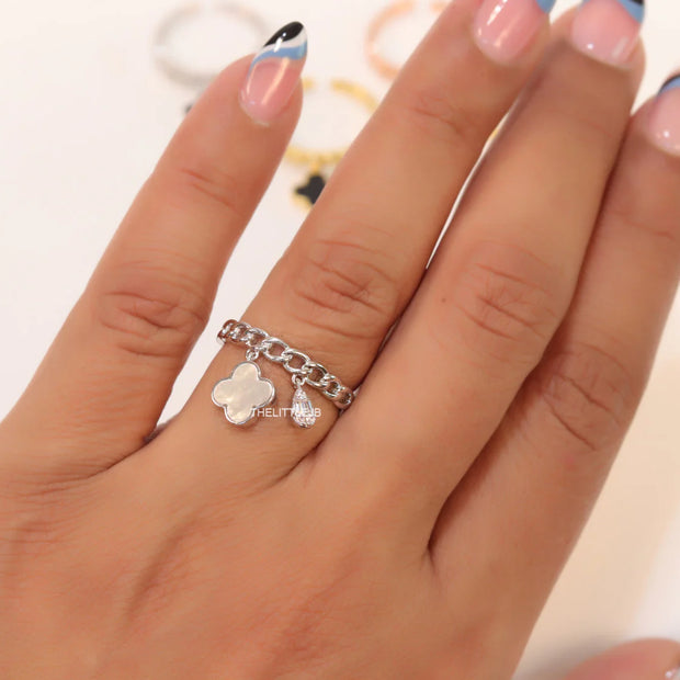 Platinum plated link chain ring with MOP clover and cz drop