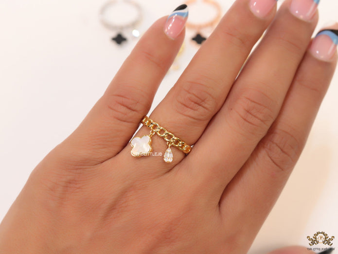 Gold plated link chain ring with MOP clover and cz drop