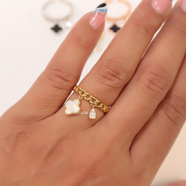 Gold plated link chain ring with MOP clover and cz drop