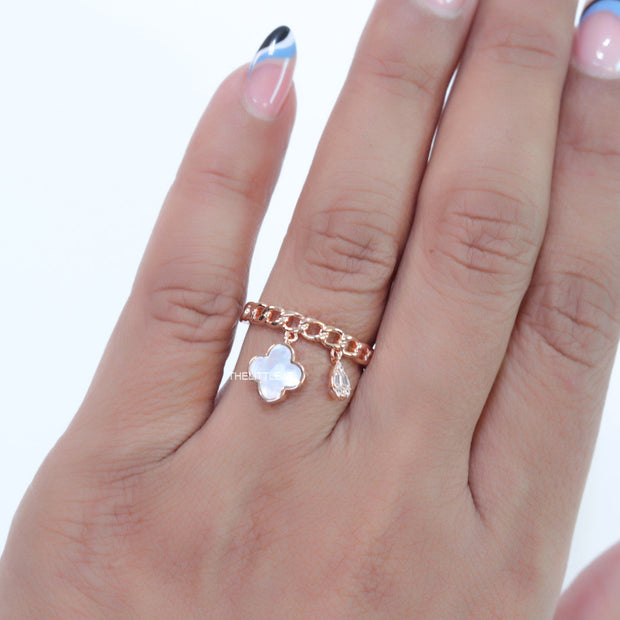 Rose gold plated link chain ring with MOP clover and cz drop