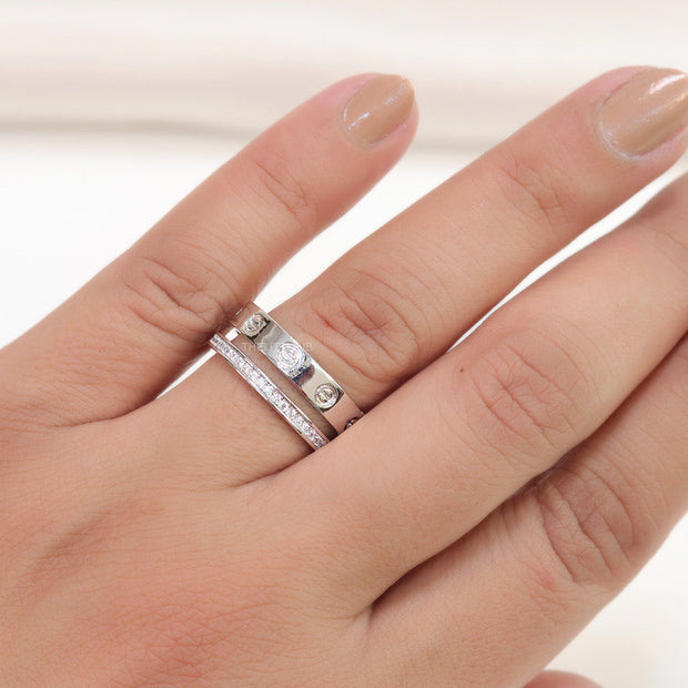 Double layered platinum plated finish open ring with screws and cz