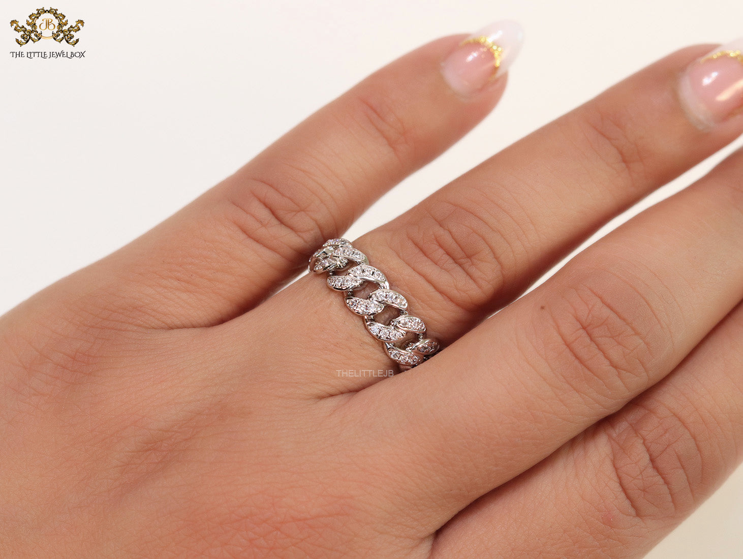 CZ link chain ring in platinum finish