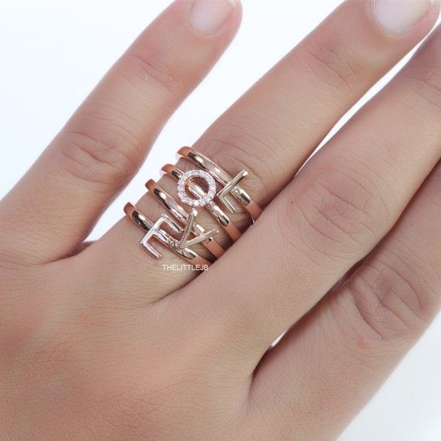 Gold plated layered alphabet ring with tiny embedded cz stones