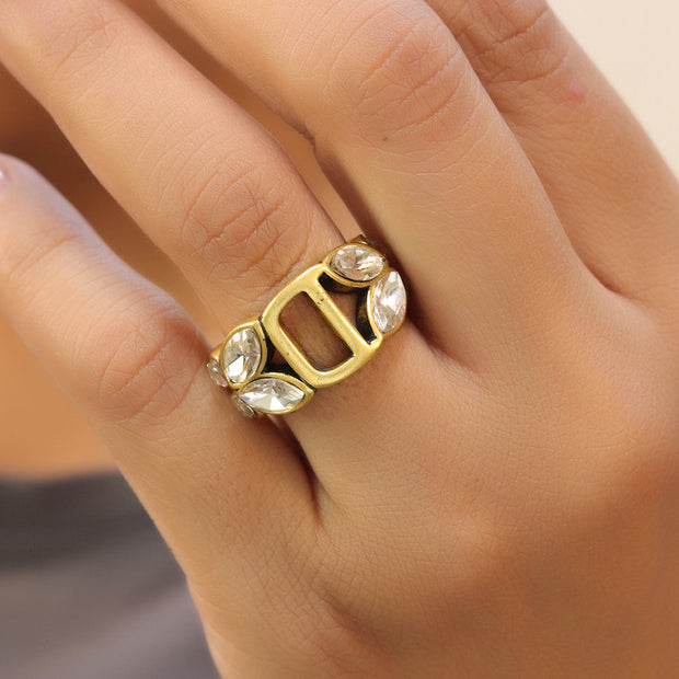 Open golden D alphabet ring with fancy cz