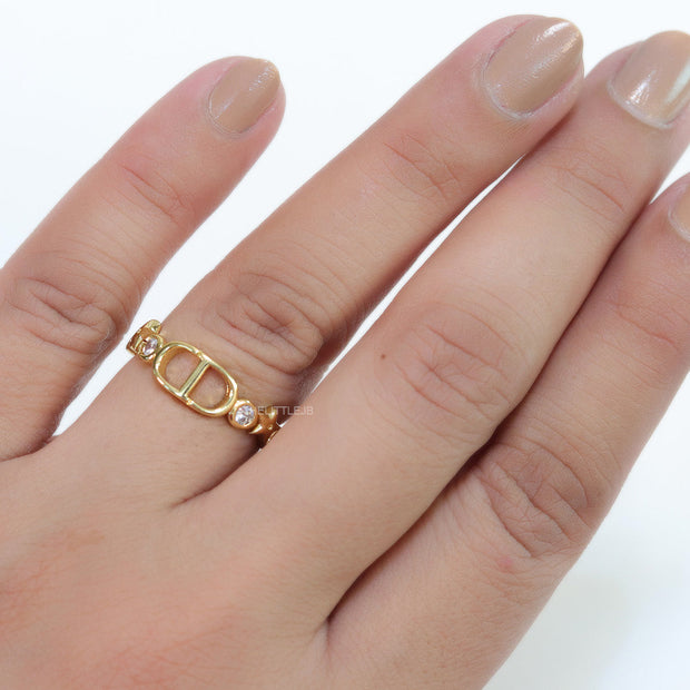 Gold finish alphabet open ring with white cz