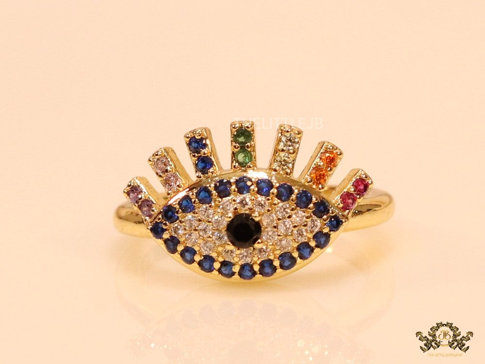 Gold plated open multi coloured cz evil eye ring