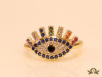 Gold plated open multi coloured cz evil eye ring