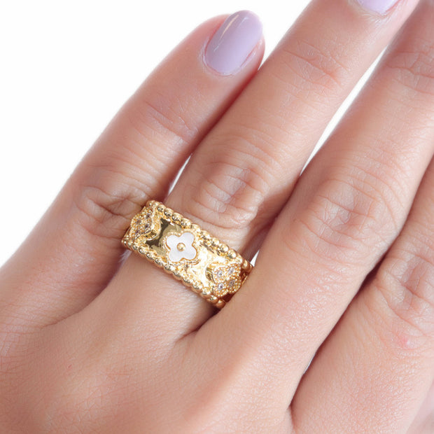 Golden ring band with MOP and cz clovers